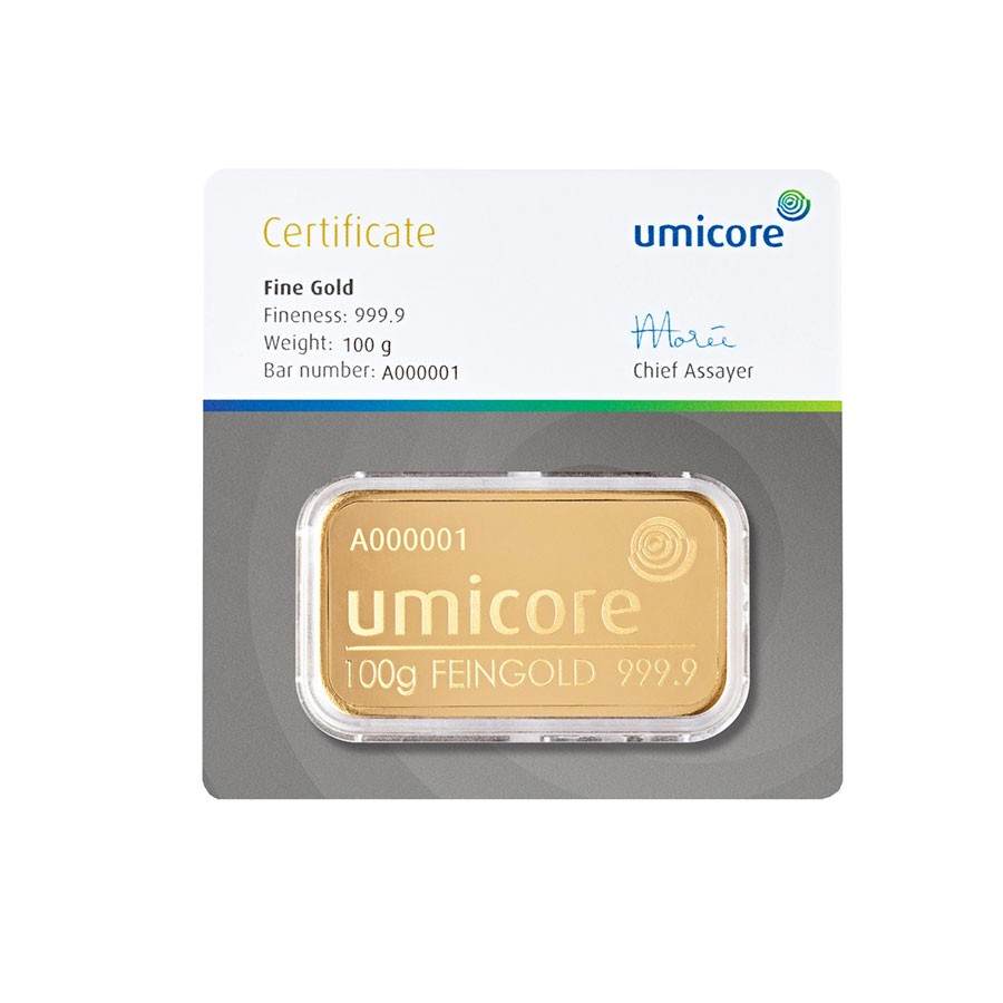 100 gram umicore goodgold goldbar certified