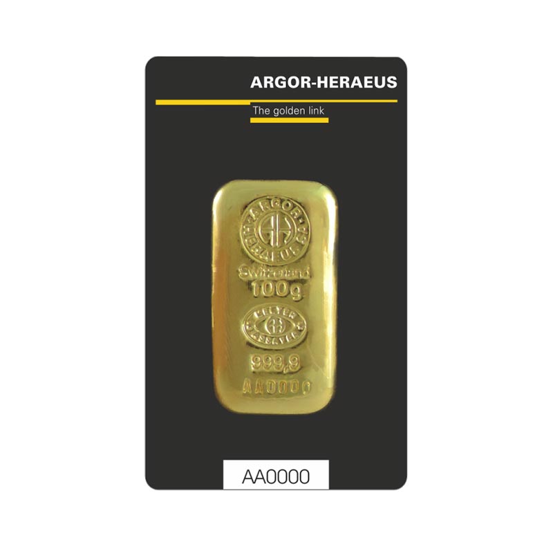 100g gold bar argor heraeus casted