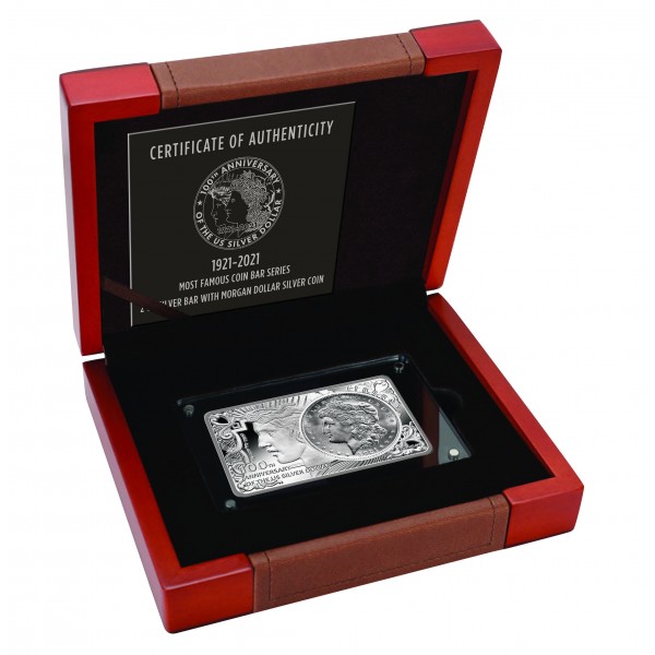 100th anniversary silver dollar box open with certificate