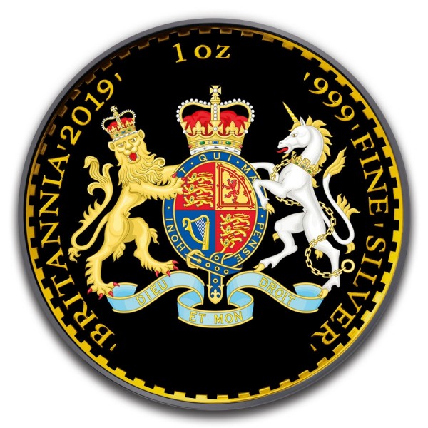 2019 1oz uk silver britannia coat of arms black ruthenium colorized silver coin reverse
