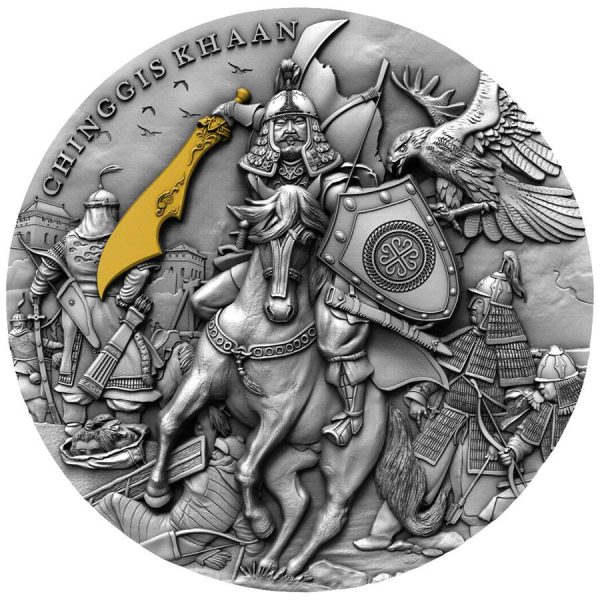 2019 Niue 2 Ounce Chinggis Khaan Ultra High Relief Gold Gilded Antique Finish Silver Coin 1024x1024