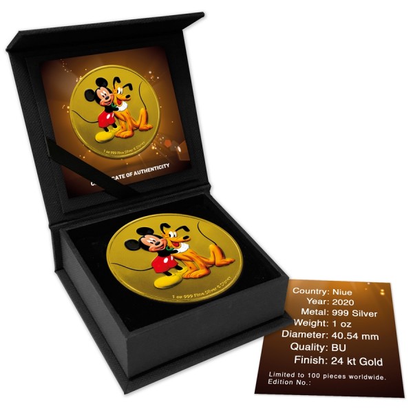 2020 1oz niue disney mickey pluto colorized gilded coin box