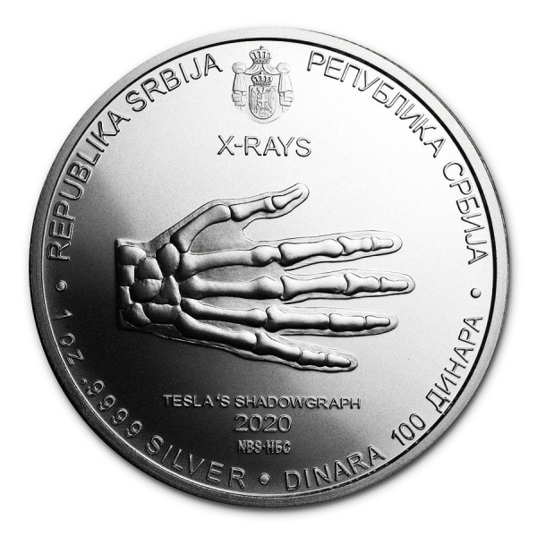 2020 1oz serbia silver 100 dinar nikola tesla x ray bu obverse coin
