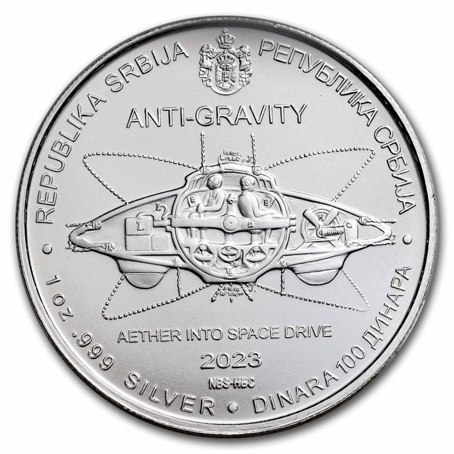 2023 serbia 1 oz silver 100 dinar tesla anti gravity 278996 obv