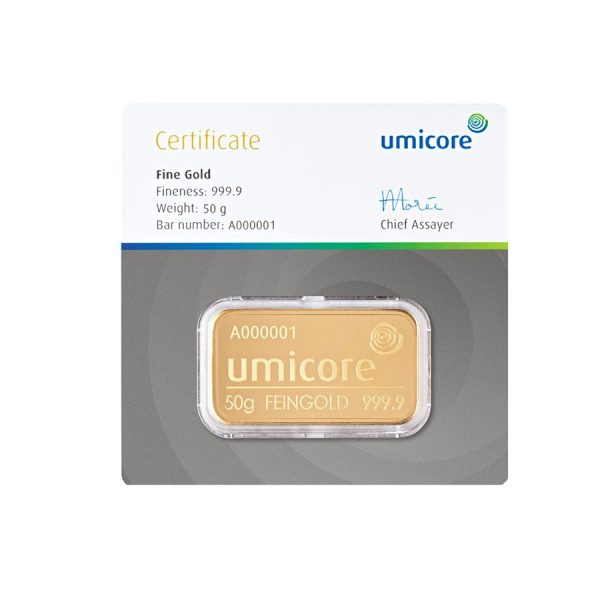 50 gram umicore goodgold goldbar certified