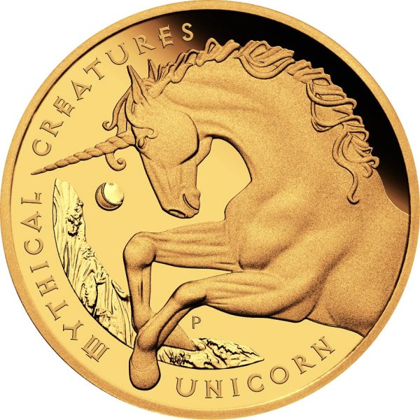 Numismatik Gold Mythical Creatures Unicorn 5oz PP 2021 VS Front
