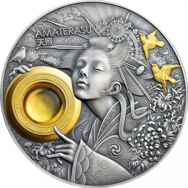 niue 3 oz silver amaterasu divine face of the sun 2021 amber box coa