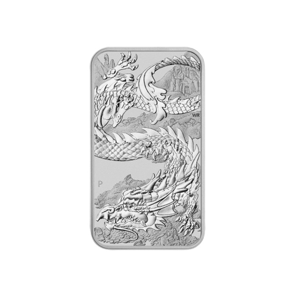 dragon rectangle 2023 1oz goudverzekerd zilveren munt voorkant