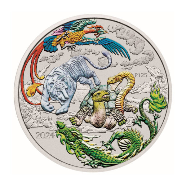 Chinese Myths & Legends: Four Guardians gekleurd 1 troy ounce zilveren munt 2024
