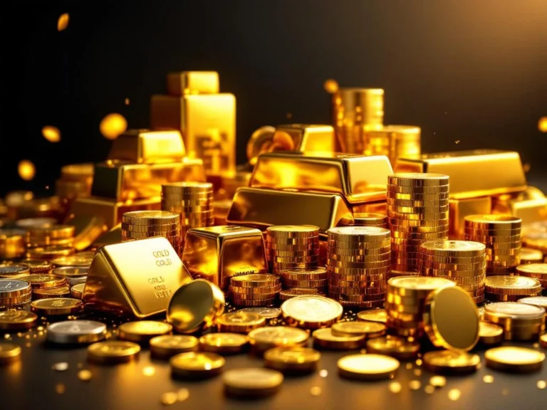 Goudstaven en munten gerangschikt met zilver, platina en palladium op donkere achtergrond voor diversificatie