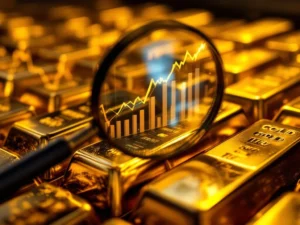 Goudstaven gestapeld in rijen met vergrootglas over financiële grafieken met stijgende trends voor edelmetaalhandel