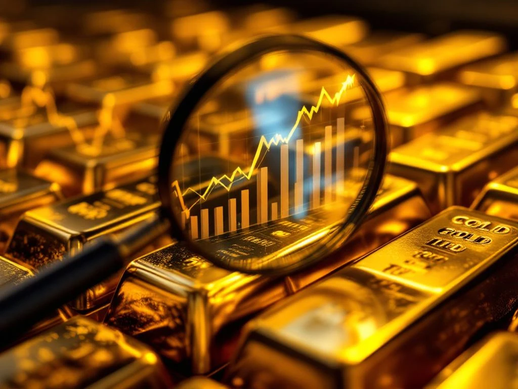 Goudstaven gestapeld in rijen met vergrootglas over financiële grafieken met stijgende trends voor edelmetaalhandel