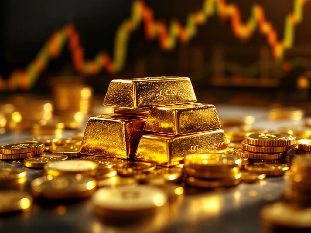 Goudstaven en munten op voorgrond met financiƫle grafieken en certificaten op achtergrond in warm licht