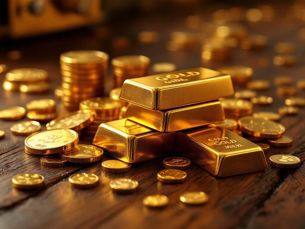 Goudstaven en munten op donkere houten tafel met professionele verlichting en kluis op achtergrond