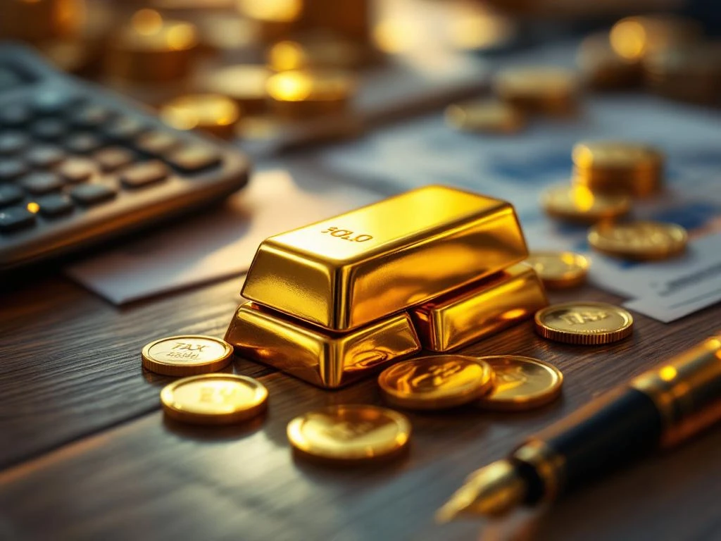 Gouden munten en staven op houten bureau met Nederlandse belastingdocumenten en rekenmachine op de achtergrond