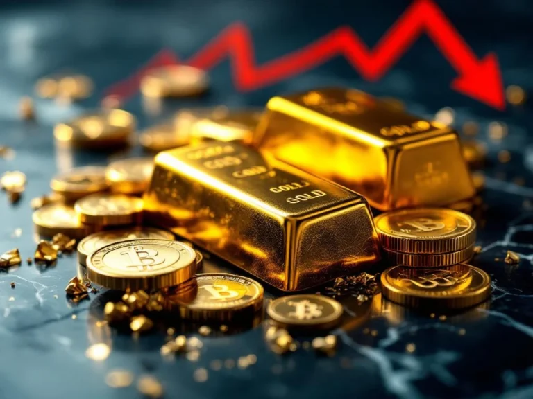 Gouden munten en staven op donker marmer met rode pijlen omlaag die deflatie symboliseren tijdens economische onzekerheid