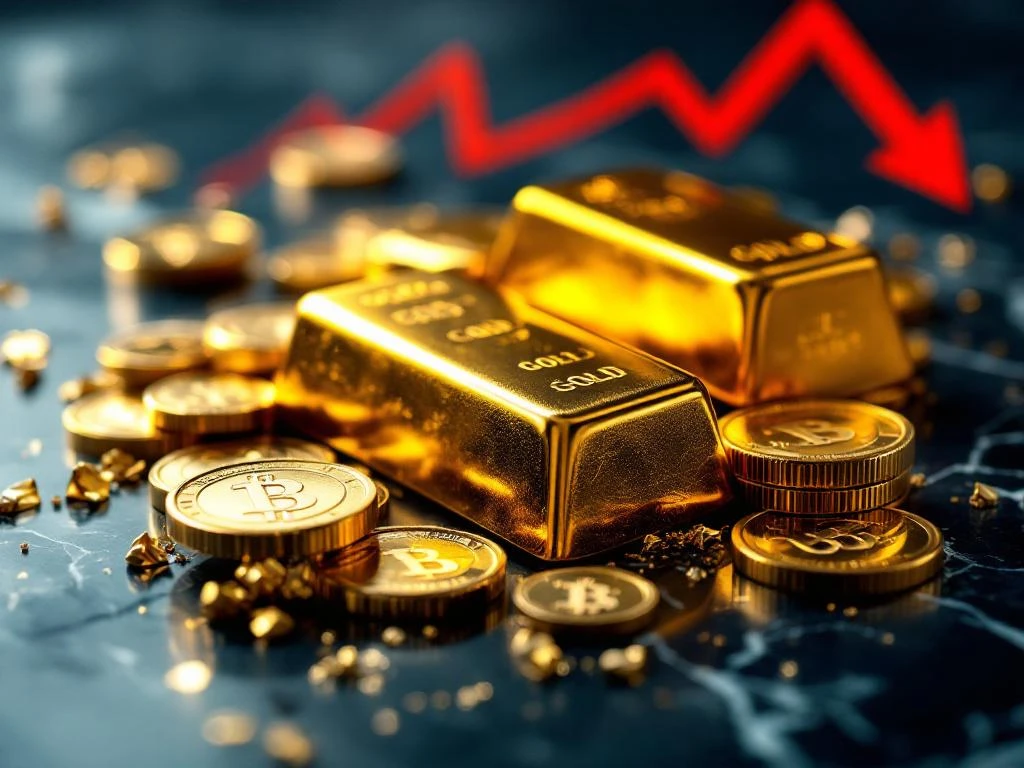 Gouden munten en staven op donker marmer met rode pijlen omlaag die deflatie symboliseren tijdens economische onzekerheid