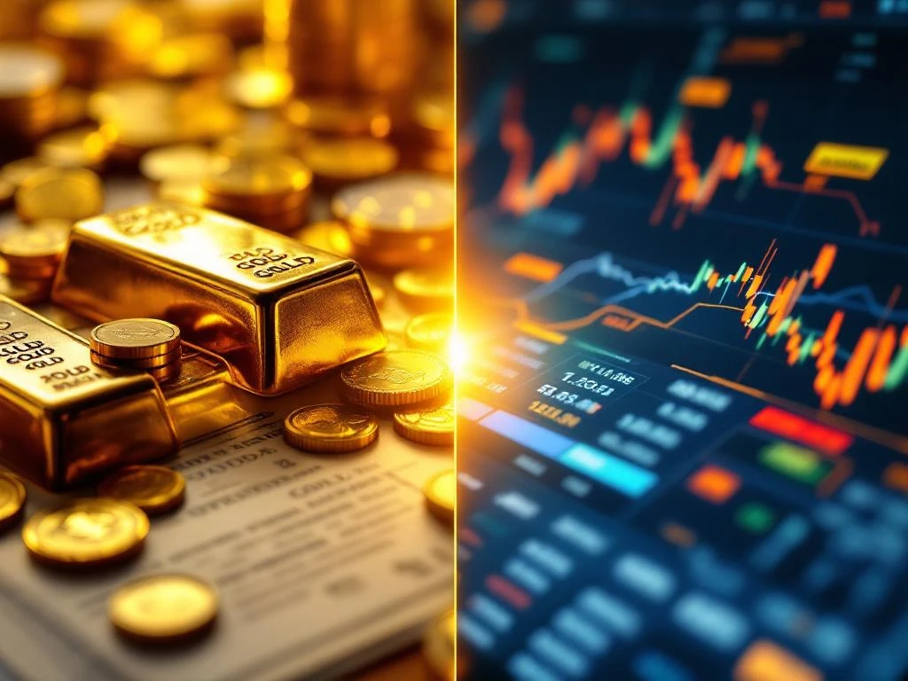 Gesplitst beeld toont fysieke goudstaven links en digitale goudmijnbedrijf-aandelenschermen rechts voor investeringskeuze