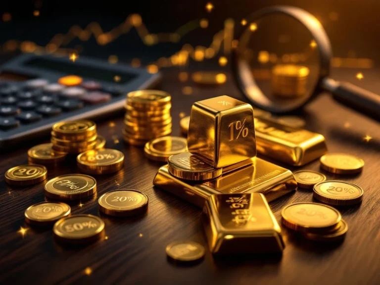 Gouden munten en staven op donker hout met rekenmachine en stijgende financiële grafieken in warm goudlicht