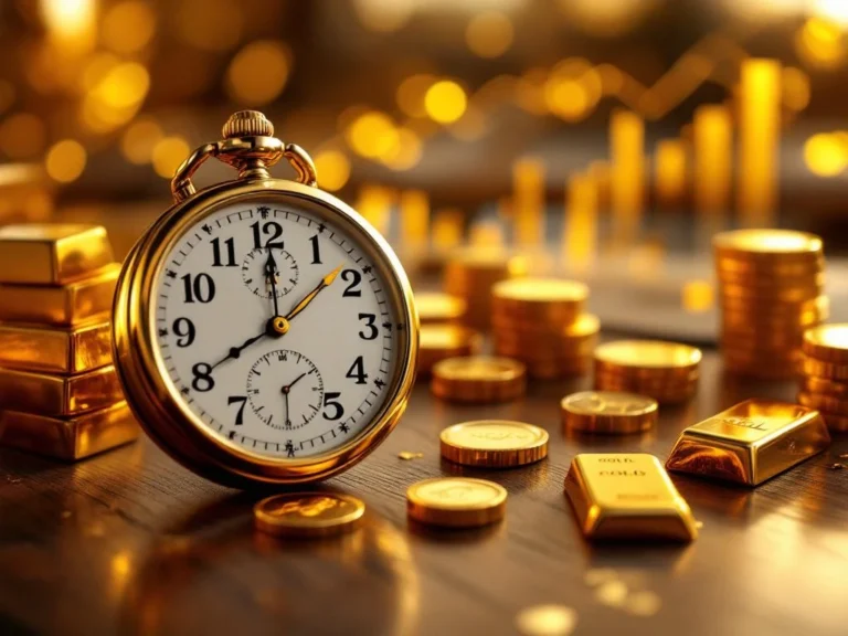 Gouden staven en munten met vintage zakhorloge op houten oppervlak, investeringsgrafieken op achtergrond