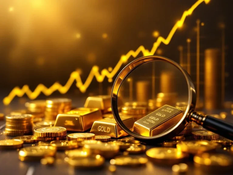 Goudstaven en munten op donker hout met vergrootglas en stijgende financiële grafiek op de achtergrond