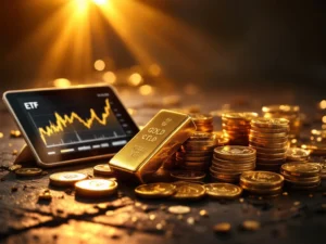 Gouden investeringsvormen: goudstaven, munten en ETF-grafieken op tablet, gerangschikt op donker hout met dramatische belichting
