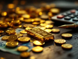 Gouden munten en staafjes op donker hout met eurobiljetten, calculator en pen voor investeringsplanning op achtergrond