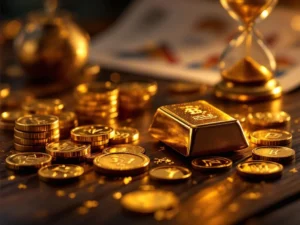 Gouden munten en staven op donker hout met dramatische verlichting, zandloper op achtergrond symboliseert investering