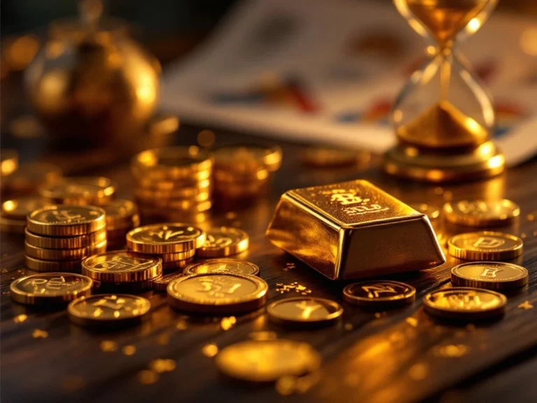 Gouden munten en staven op donker hout met dramatische verlichting, zandloper op achtergrond symboliseert investering