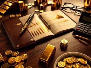 Gouden munten en staven op mahonie bureau met open investeringsportfolio, rekenmachine en vulpen voor financiële planning