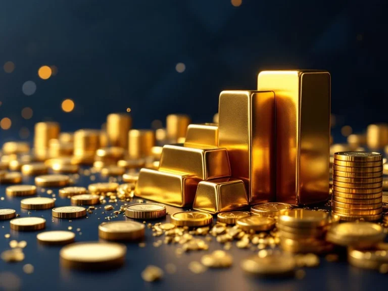 Gouden munten en goudstaven gerangschikt als groeiende financiële grafiek op donkerblauwe achtergrond voor investeringen