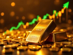 Gouden munten en staven met stijgende financiële grafiek die groeiende goudprijzen en winstgevende investeringen toont