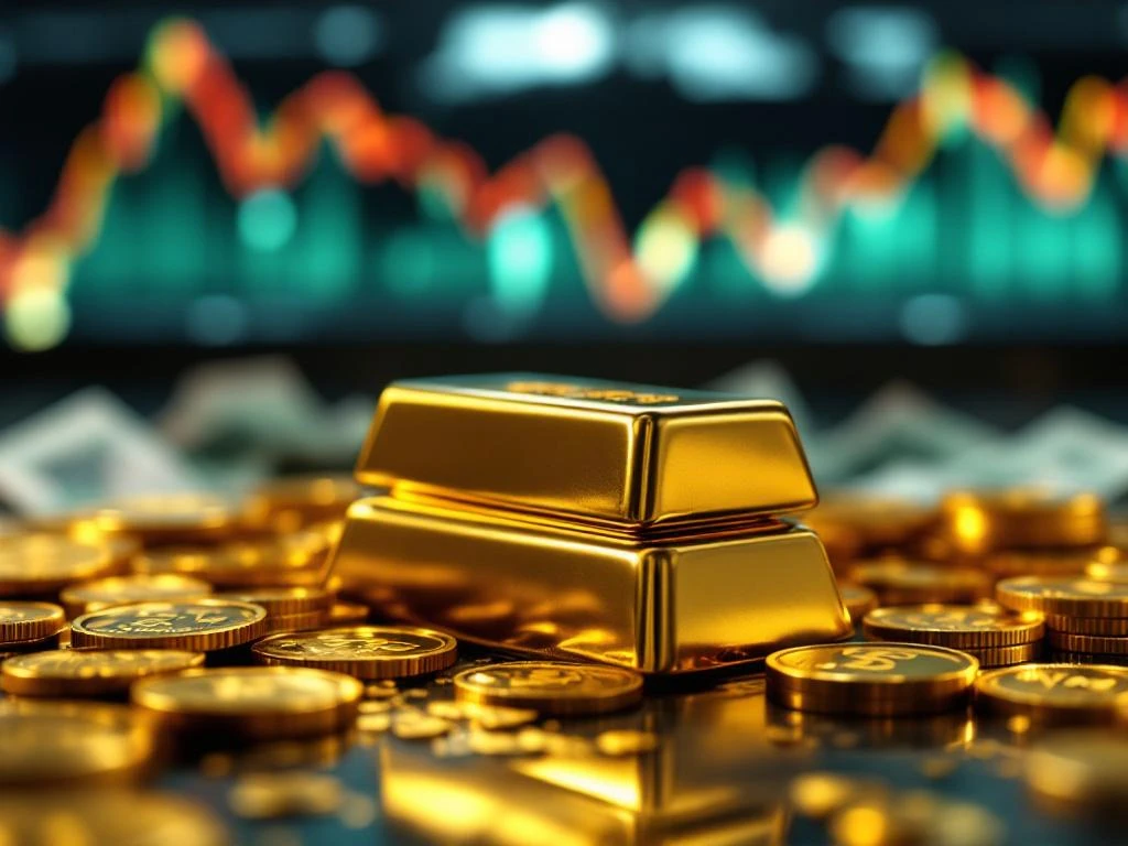 Gouden munten en staven op glanzende ondergrond met financiële grafieken op achtergrond die economische onzekerheid tonen