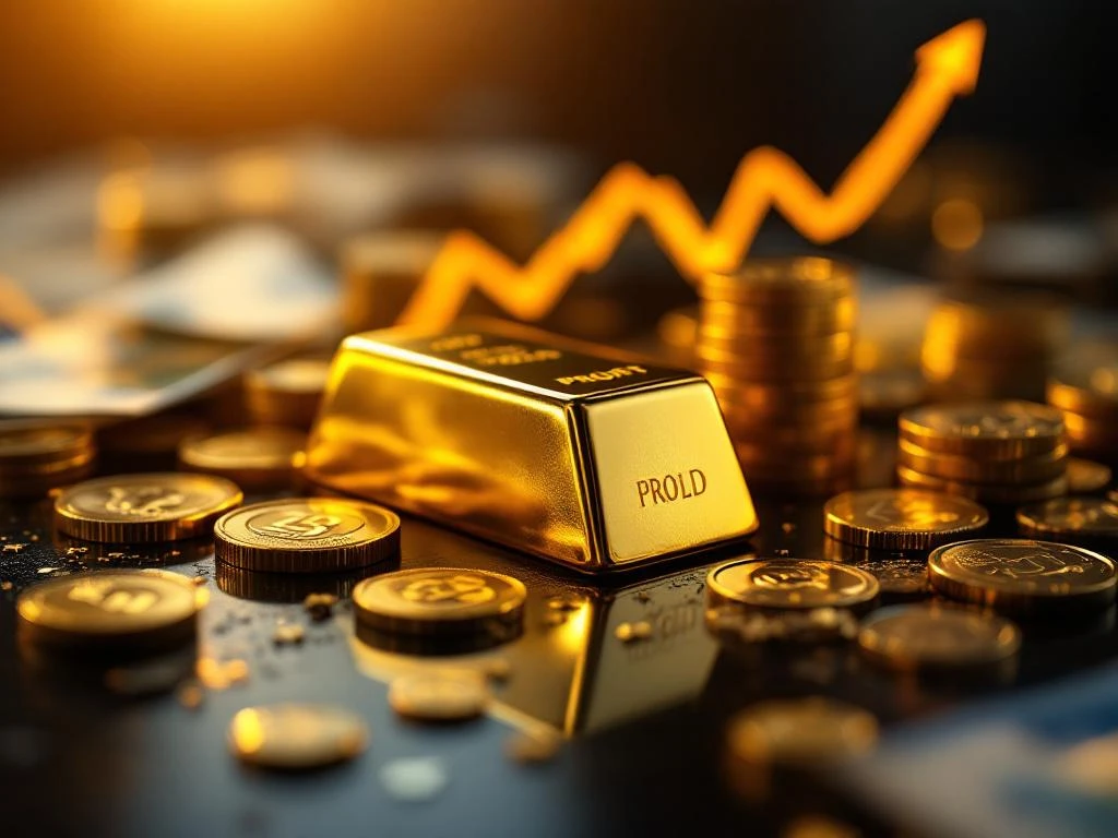 Gouden munten en staven op donkere ondergrond met euro bankbiljetten en stijgende grafiek op achtergrond