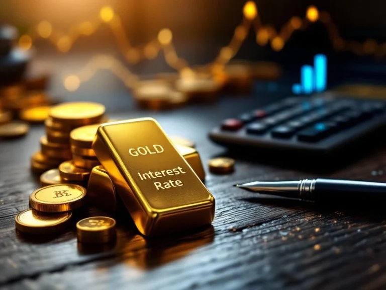 Gouden munten en staven op donker hout met financiële grafieken en calculator, stijgende rentes zichtbaar op achtergrond