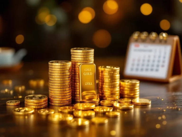 Gouden munten en goudstaven in nette stapels op donker houten oppervlak met kalender op achtergrond voor sparen