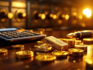 Gouden munten en goudstaven op mahoniehout met rekenmachine en pen voor financiële planning op de achtergrond