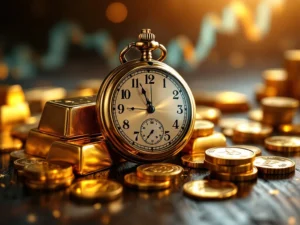 Gouden munten en staven met vintage zakhorloge op donker hout, financiële grafieken op achtergrond