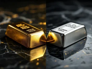 Goudstaven en platinastaven op donker marmer, verlicht om gouden glans en zilverwitte kleur te tonen voor beleggingsvergelijking