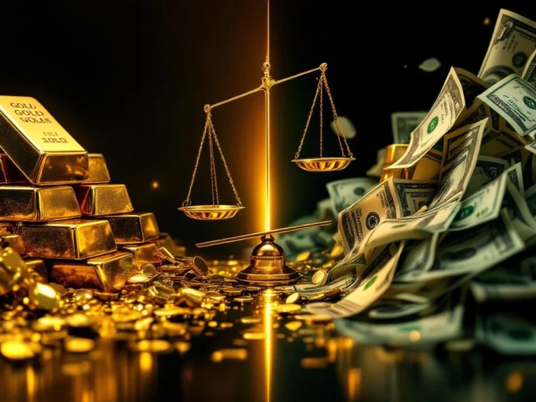 Goudstaven en dollarbiljetten op weegschaal die inverse relatie tussen goud en dollar toont