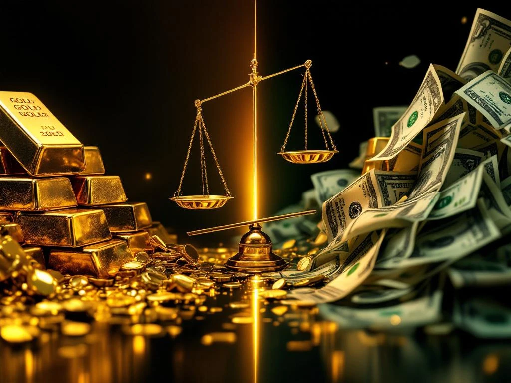 Goudstaven en dollarbiljetten op weegschaal die inverse relatie tussen goud en dollar toont