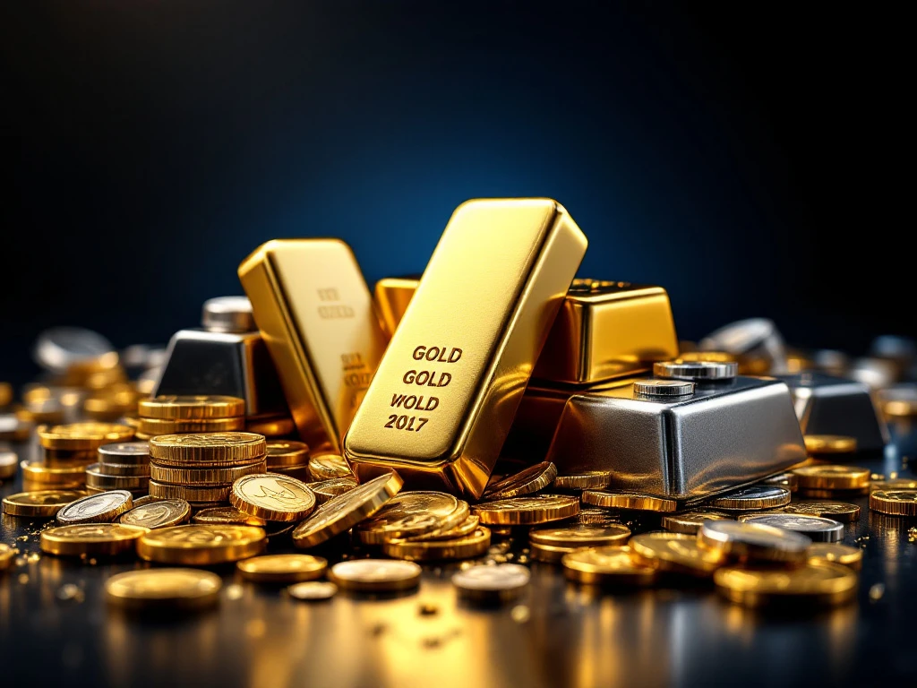 Gouden staven en munten met zilveren, platina en palladium metalen op donkerblauwe achtergrond met dramatische belichting