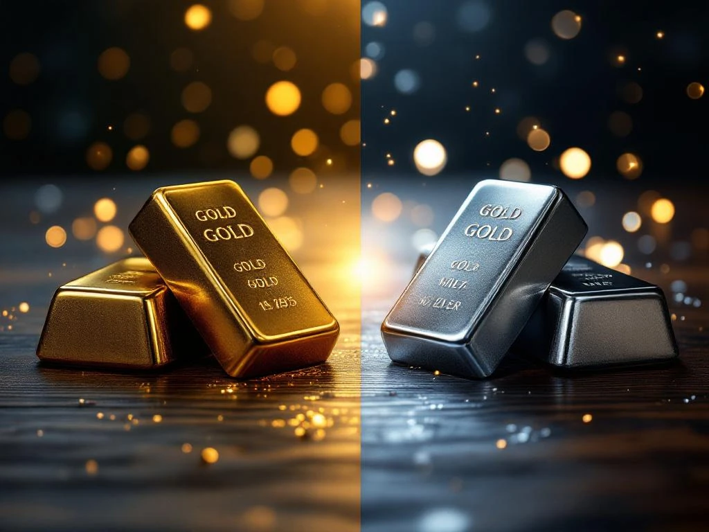 Goudstaven en zilverstaven op donkere houten ondergrond met weegschaal silhouet voor investeringsvergelijking