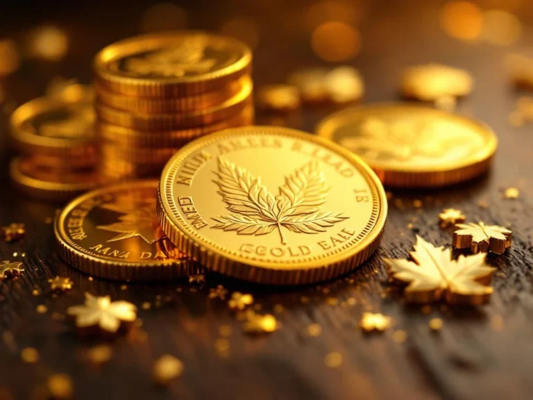 Premium gouden munten Krugerrand, American Eagle en Maple Leaf op donker hout met dramatische belichting