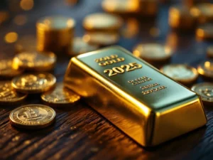 Goudstaven en munten op donker hout met dramatische verlichting, goudstaaf met "2025" op voorgrond