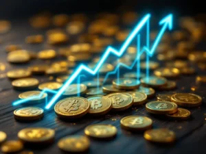 Gouden munten op donker hout met stijgende blauwe financiële grafiek die groeiende goudprijzen en investeringen toont