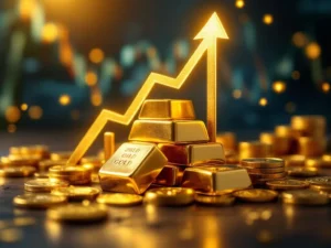 Gouden staven en munten op donker hout met opwaartse lichtpijlen en financiële grafieken op achtergrond