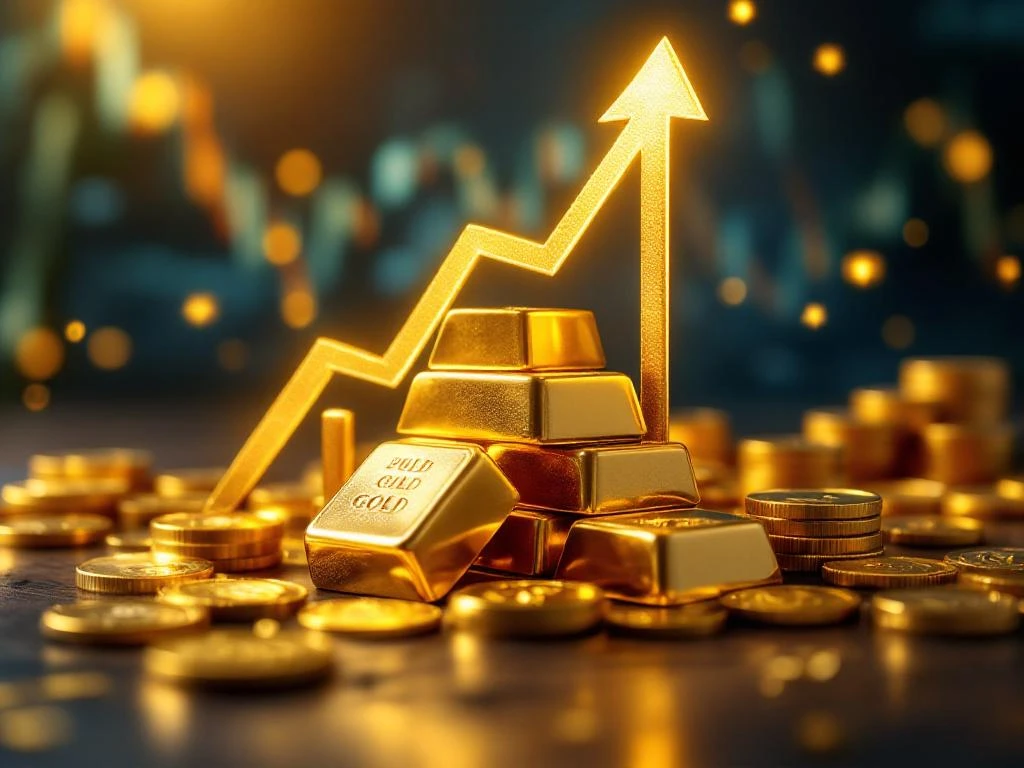 Gouden staven en munten op donker hout met opwaartse lichtpijlen en financiële grafieken op achtergrond