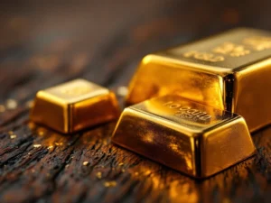 Goudstaven van verschillende maten gerangschikt op donker hout, van kleine gramstaven tot grote ounce-staven voor investering.