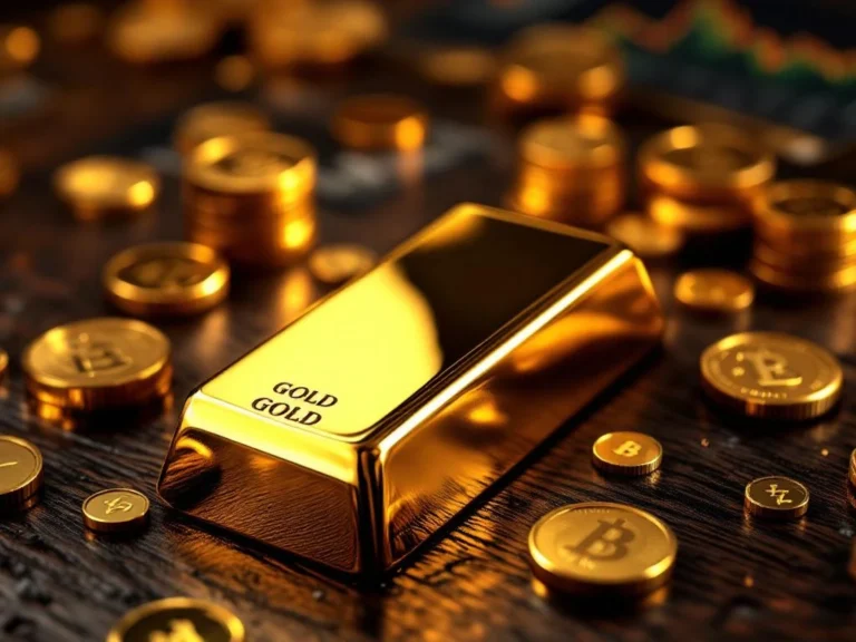 Goudstaven en munten op donker hout met dramatische belichting en investeringsgrafieken op achtergrond